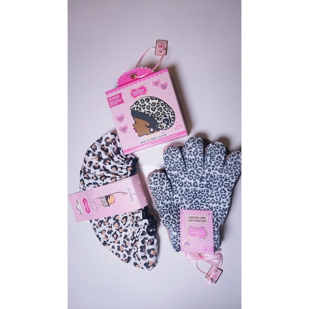 Satin Sleep Bonnet Shower Cap Exfoliating Gloves Leopard Self Care Set